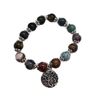 Jasper beaded stretch bracelet multicolored tree of life charm